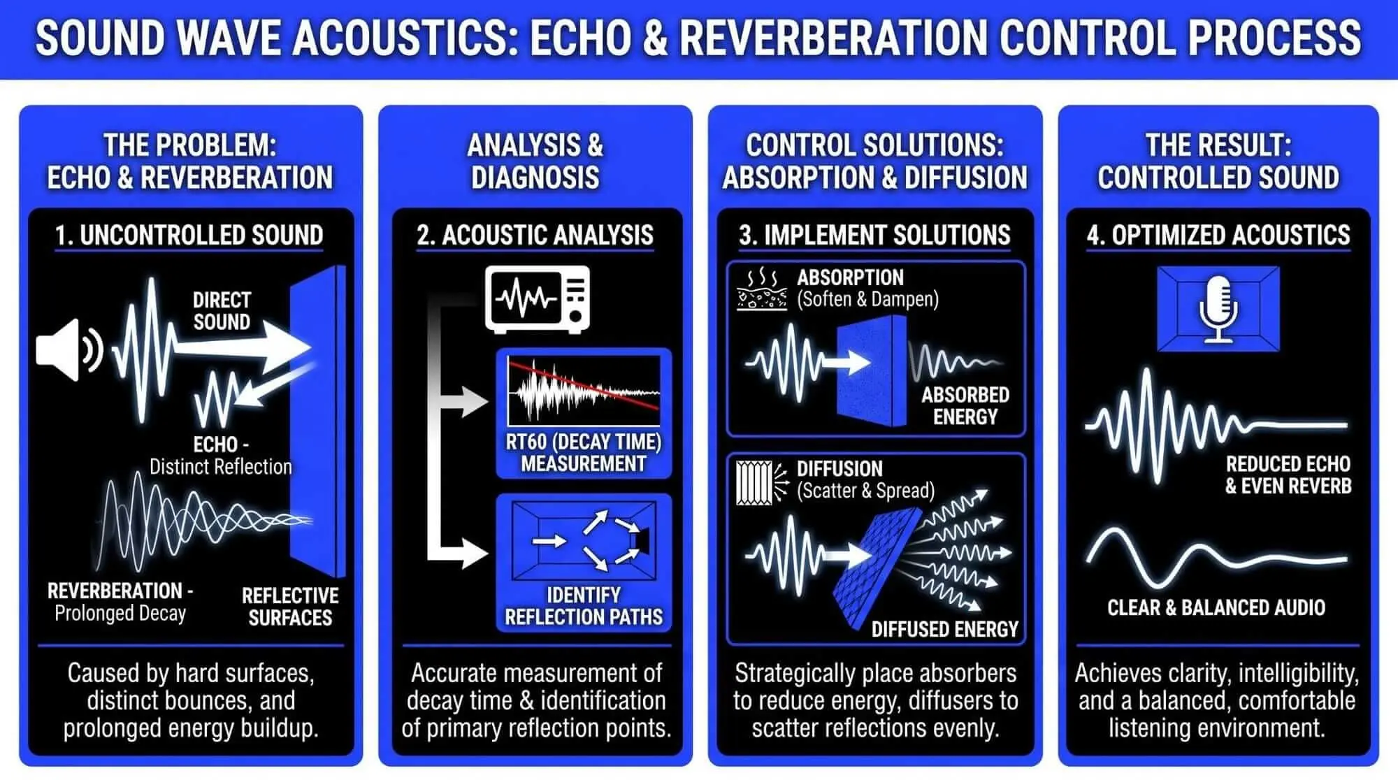 Infographic showing the process of controlling echo and reverberation through acoustic analysis, absorption panels, diffusion, and optimized room acoustics.