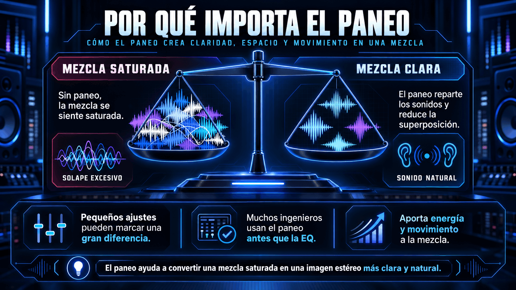 Infografía explicando por qué importa el paneo en la mezcla musical, comparando una mezcla saturada con una mezcla clara usando visuales de balance estéreo.
