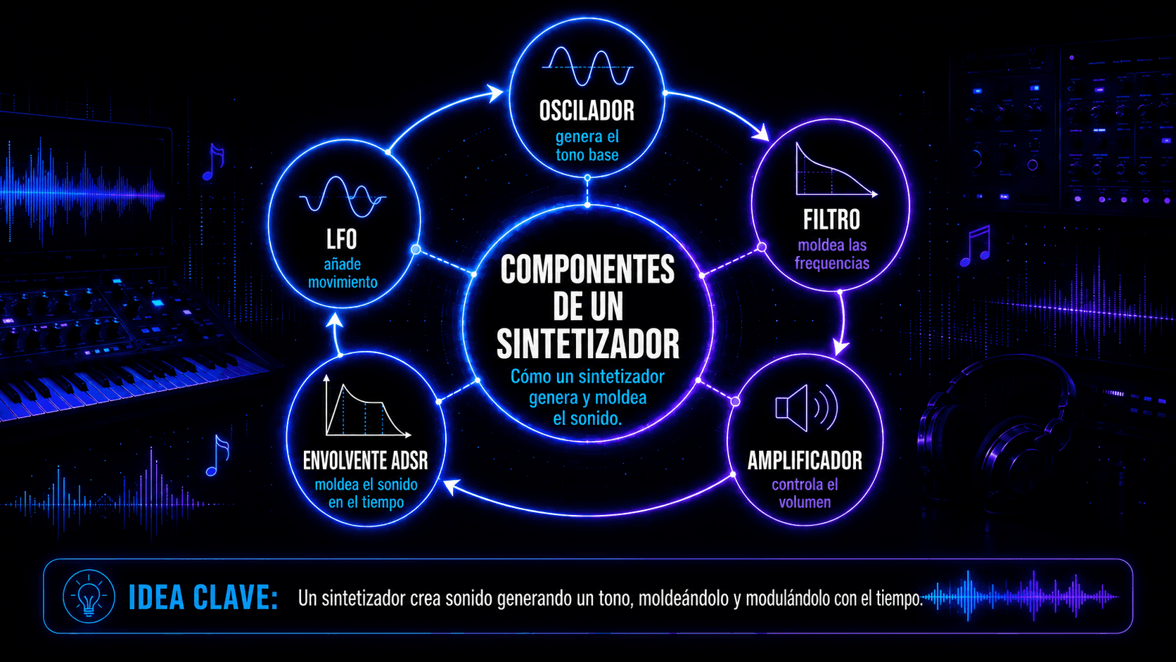 Infografía mostrando componentes clave del sintetizador, incluyendo oscilador, filtro, amplificador, envolvente ADSR y movimiento LFO.