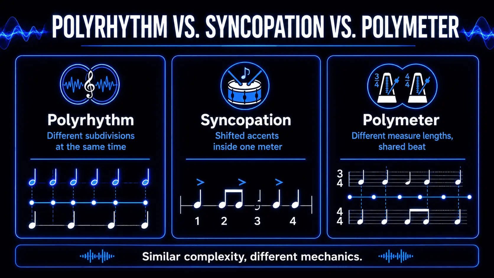 Side-by-side comparison of polyrhythm, syncopation, and polymeter, showing layered rhythms, shifted accents, and different time signatures.