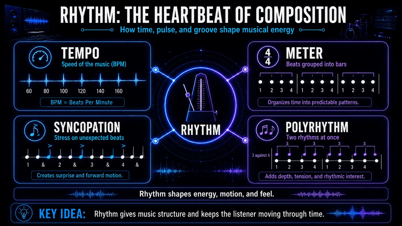Rhythm infographic explaining tempo, meter, syncopation, and polyrhythm with beat patterns and a central metronome.