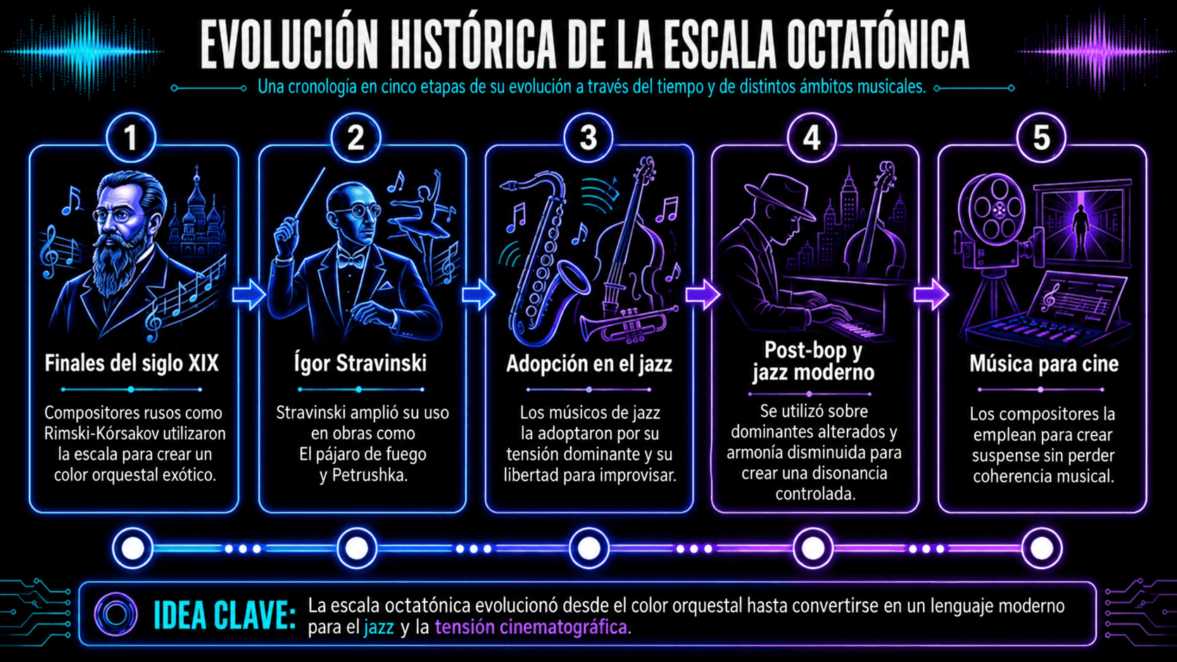 Línea de tiempo de la escala octatónica desde compositores rusos de finales del siglo XIX y Stravinsky hasta jazz, post-bop, jazz moderno y música de películas.