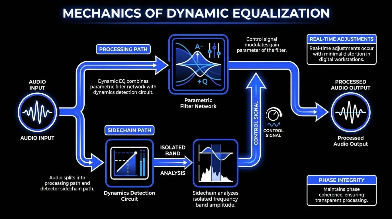 Infographic showing the mechanics of dynamic equalization, including audio input, processing path, sidechain detection, control signal, parametric filter network, and processed audio output.