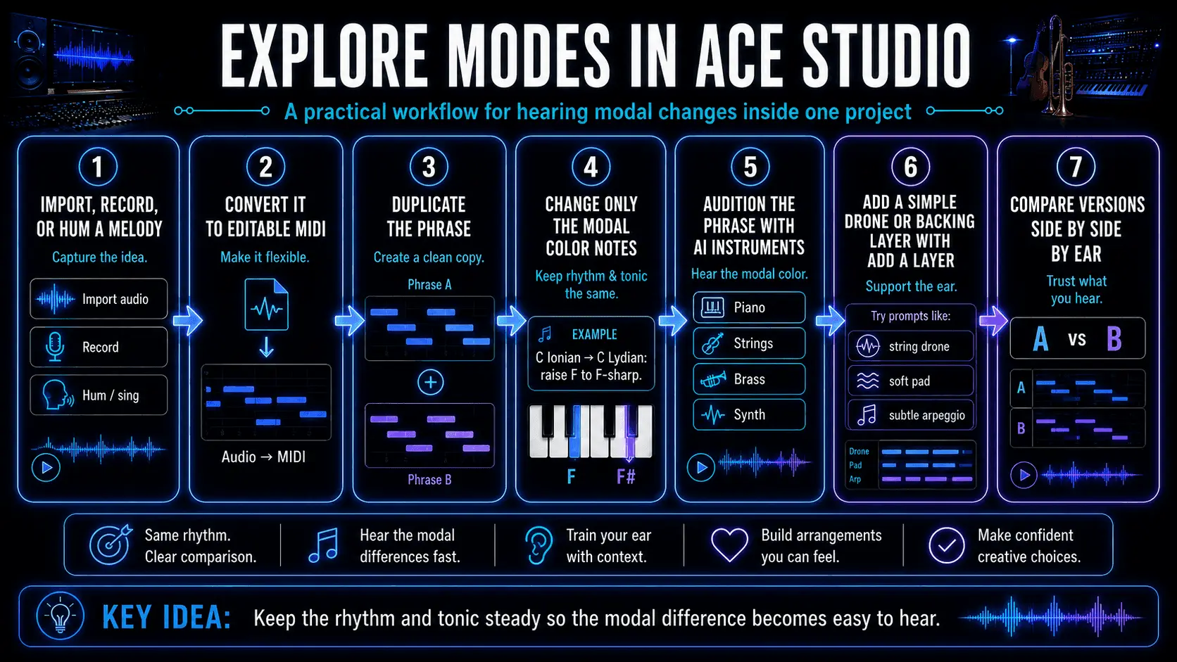 ACE Studio process for recording a melody, converting it to MIDI, changing modal notes, testing AI Instruments, and comparing versions.