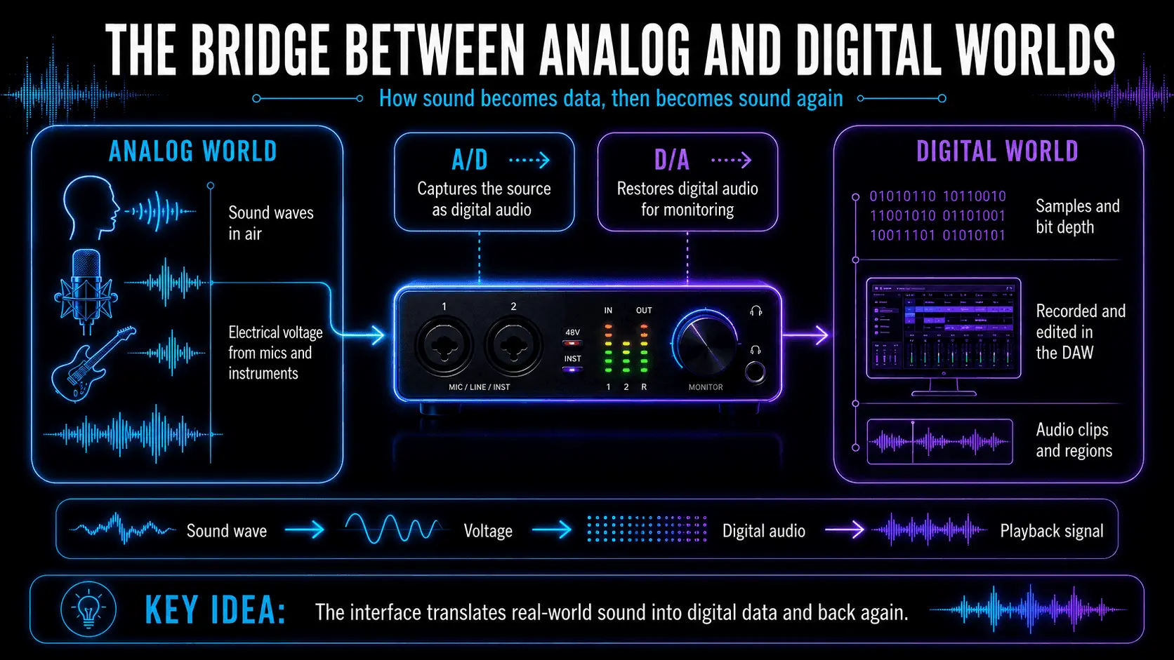 Diagram showing analog sound entering an audio interface, A/D and D/A conversion, digital recording in a DAW, and playback.
