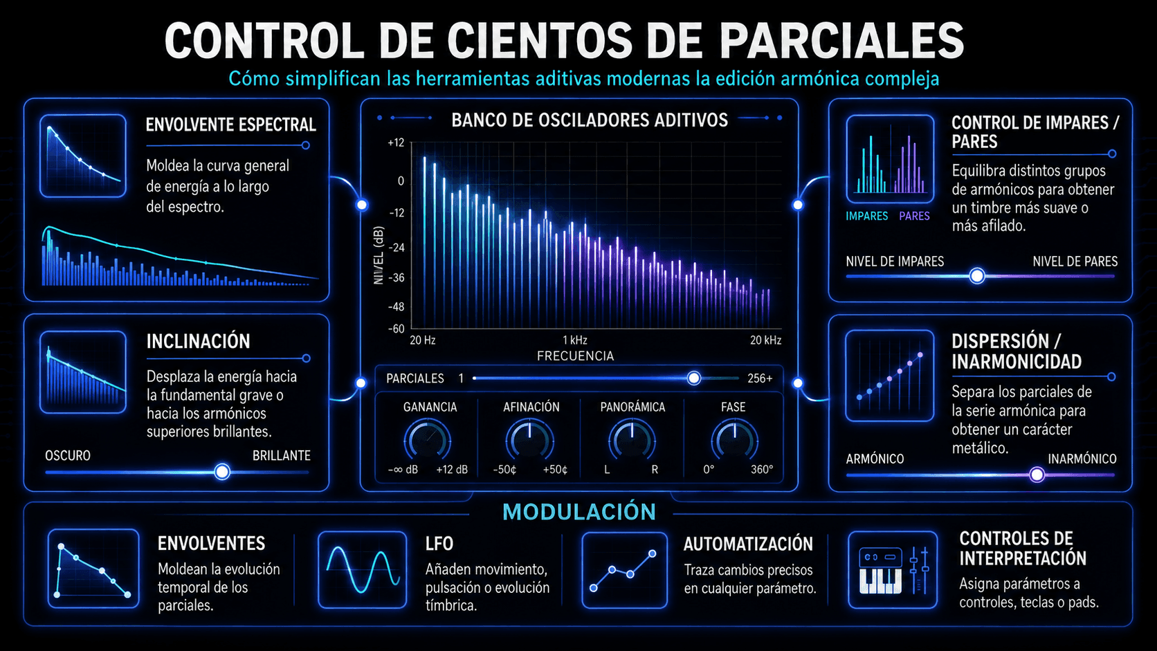 Controles de sintetizador aditivo para envolventes espectrales, inclinación armónica, balance impar y par, dispersión inarmónica, envolventes, LFOs y automatización.