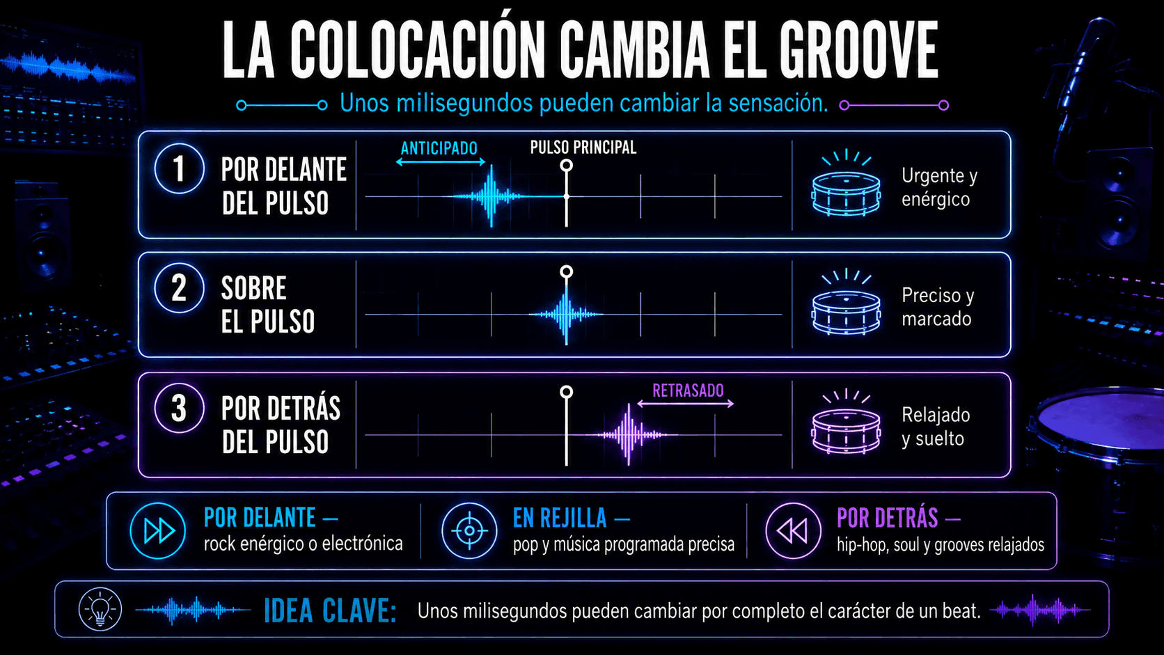 Infografía comparando golpes de caja antes del tiempo, directamente en el tiempo y después del tiempo, con resultados de groove urgente, preciso y relajado.