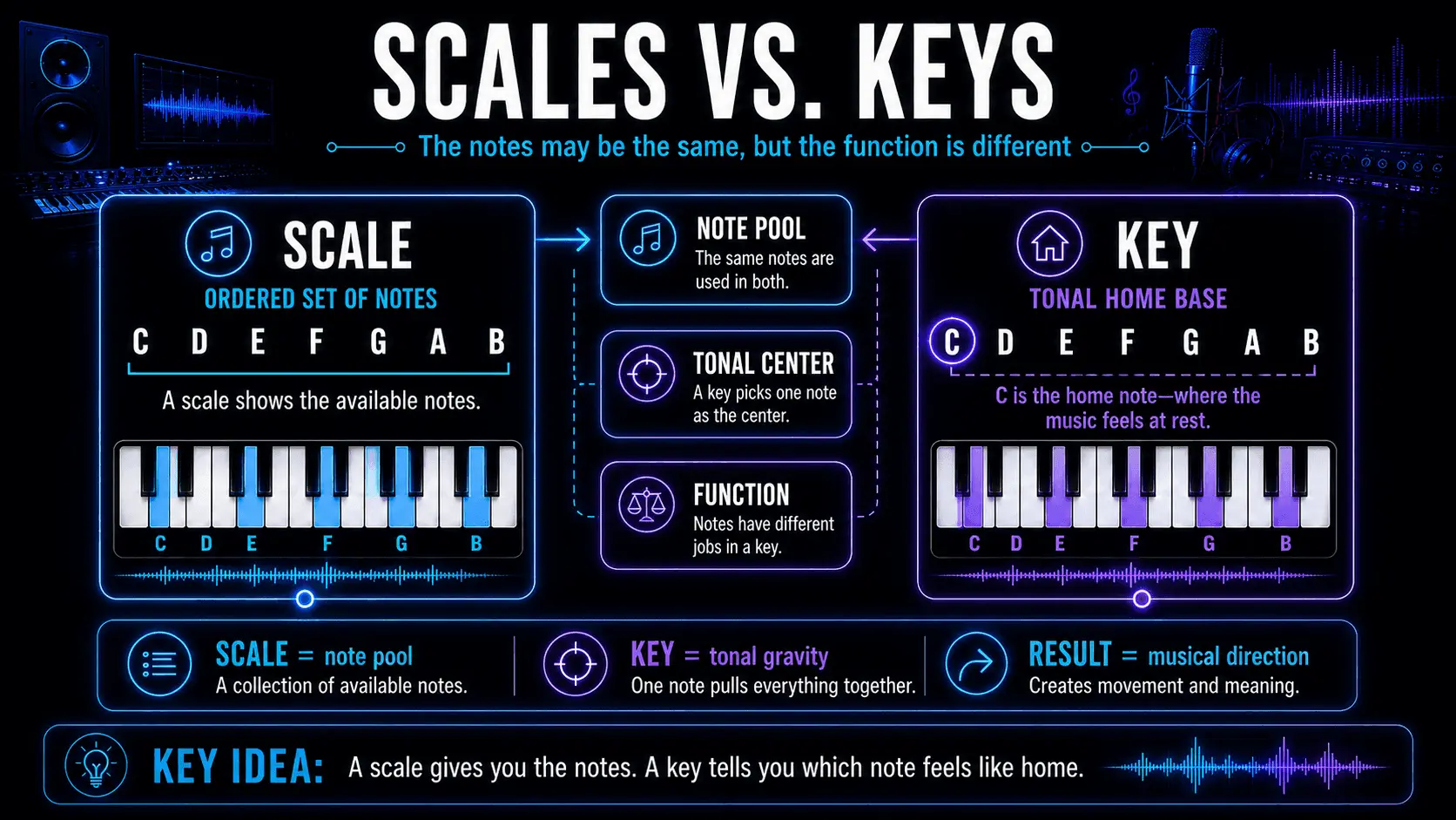 Comparison infographic explaining a scale as an ordered note set and a key as the tonal home base of a composition.