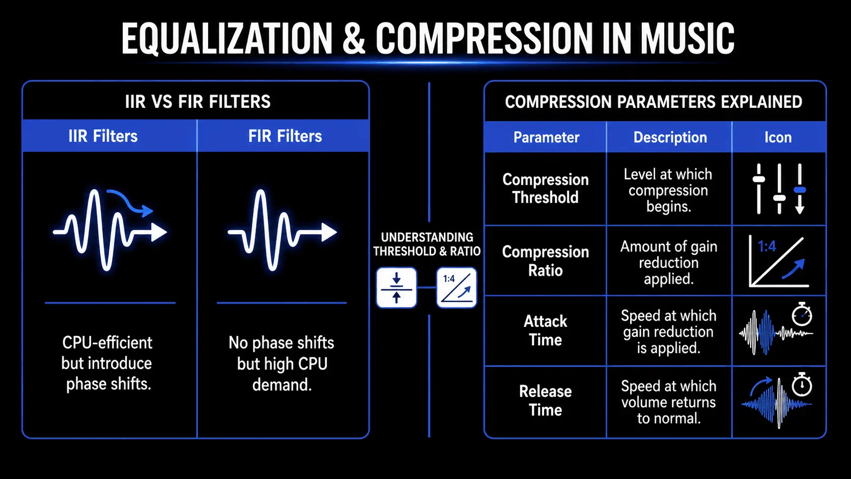 Infographic explaining equalization and compression in music production, comparing IIR and FIR filters with compressor threshold, ratio, attack, and release settings.