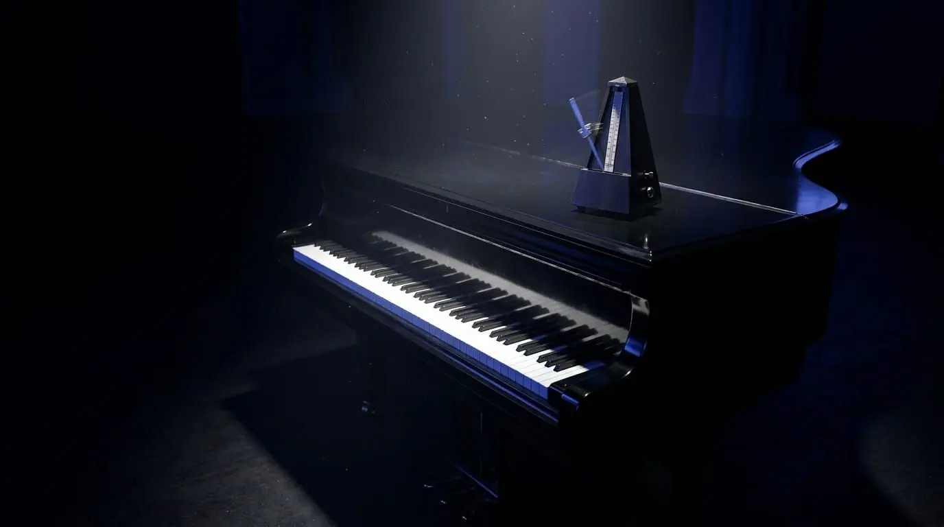 Piano de cola con un metrónomo mecánico usado para practicar pulso, tiempo y coordinación polirrítmica.