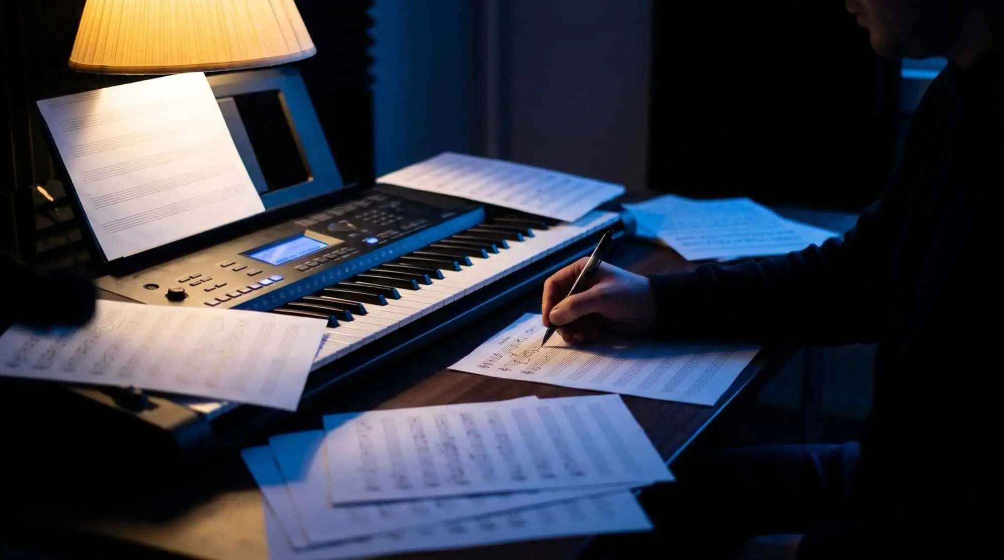 Music composer writing notation beside a digital keyboard and scattered sheets of music in a dim studio.