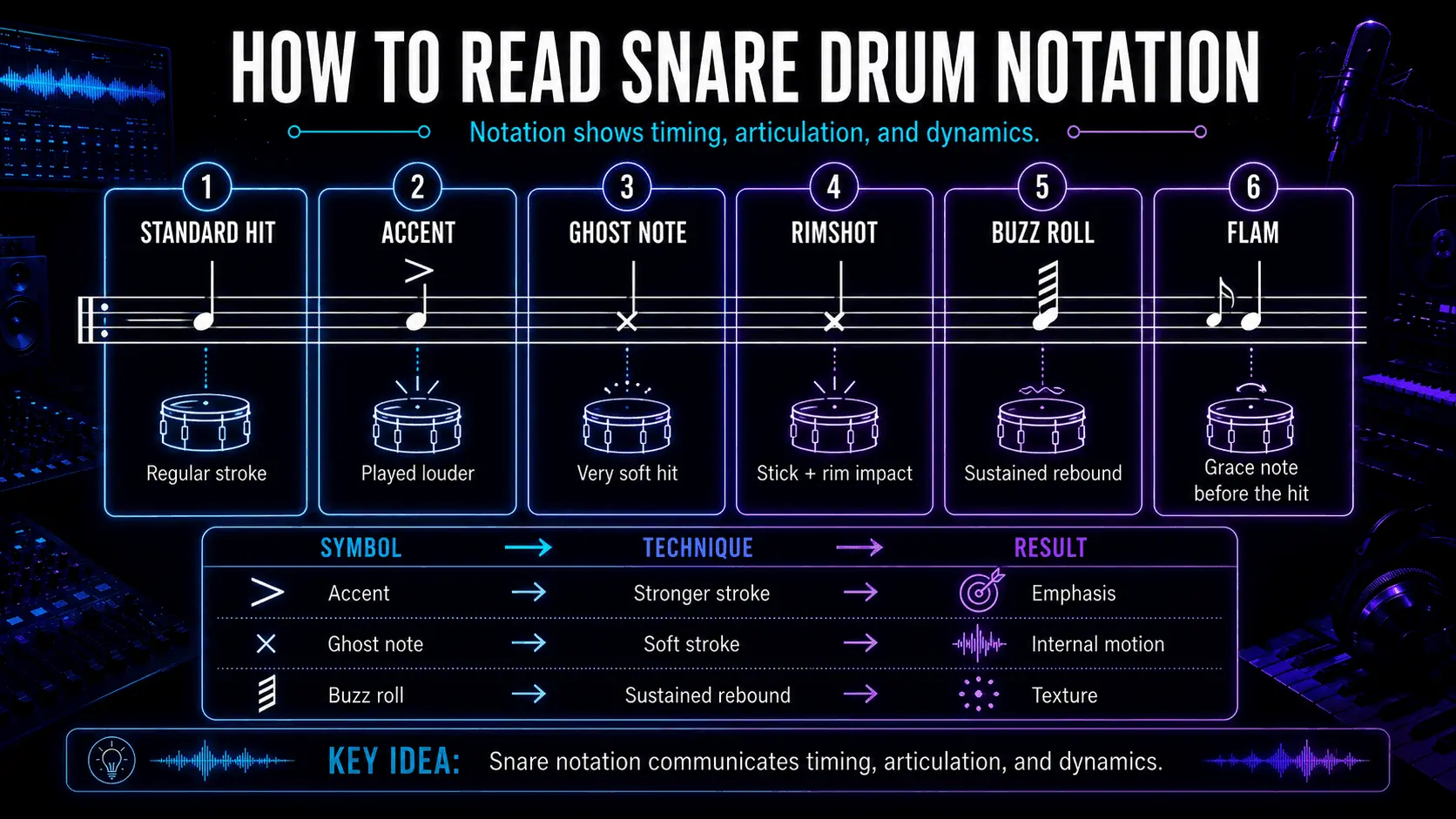 Snare drum notation guide showing standard hits, accents, ghost notes, rimshots, buzz rolls, and flams.