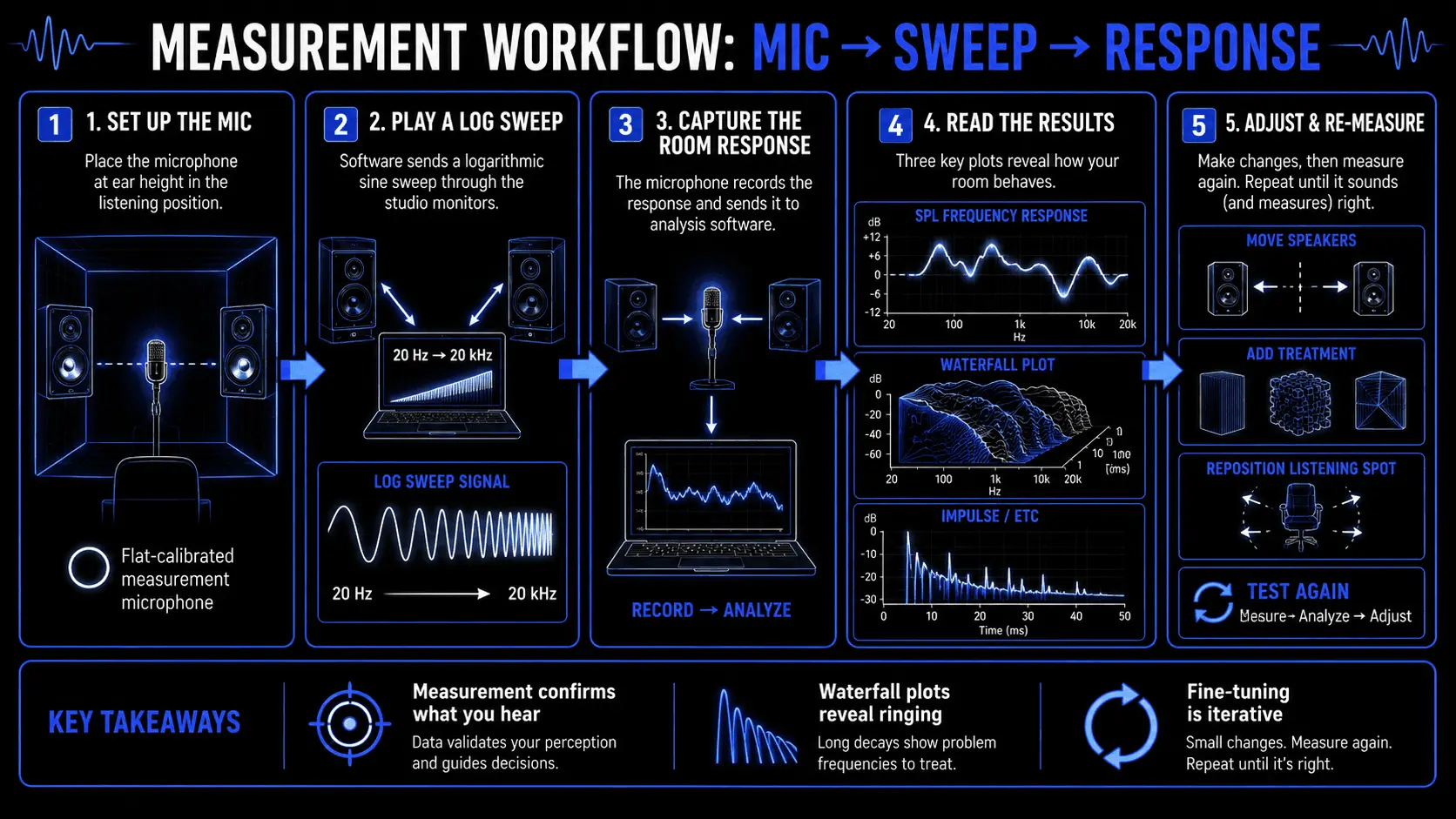 Infographic showing acoustic measurement workflow with a calibrated microphone, log sweep, room response capture, SPL frequency response, waterfall plot, impulse response, and re-measurement steps.