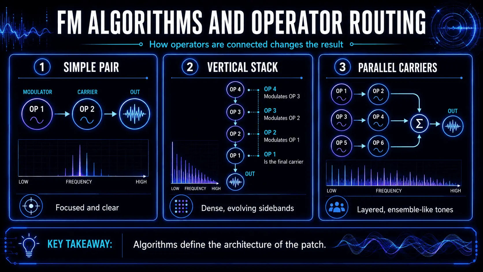 FM algorithm diagram comparing a simple operator pair, vertical stack, and parallel carrier routing.