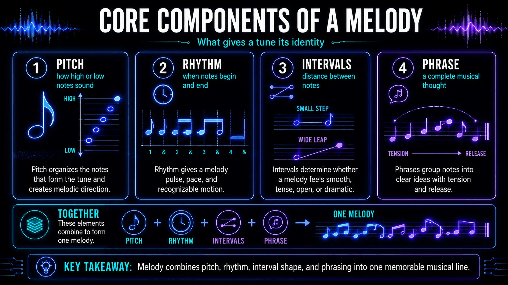 Infographic explaining pitch, rhythm, intervals, and phrase as the four core components of a melody.