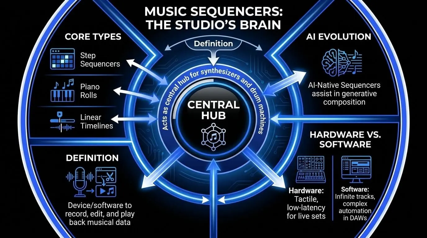 Infographic explaining music sequencers as a central studio hub, showing step sequencers, piano rolls, linear timelines, hardware vs. software, and AI-native sequencing.