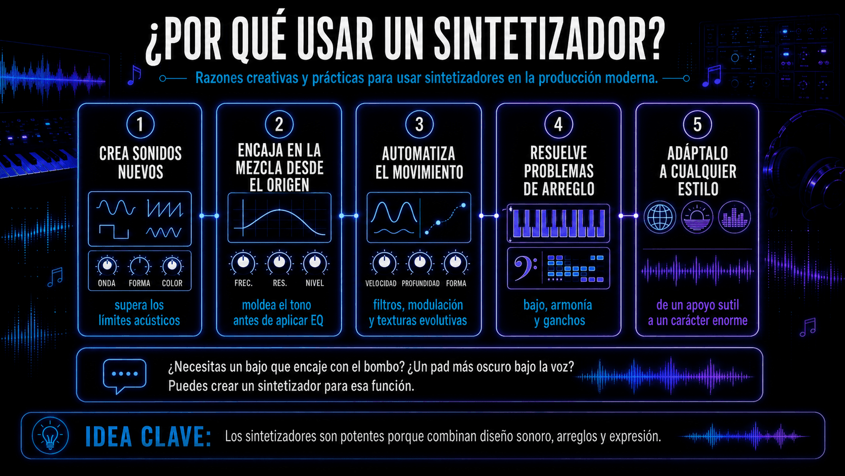 Infografía que muestra cómo los sintetizadores crean nuevos sonidos, se ajustan a la mezcla, automatizan movimiento, resuelven problemas de arreglo y se adaptan a diferentes estilos.