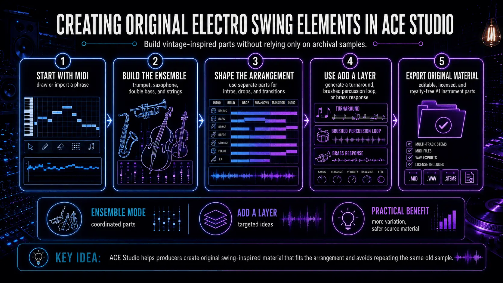 ACE Studio process for creating electro swing with MIDI, AI instrument ensembles, arrangement editing, Add a Layer, and royalty-free exports.