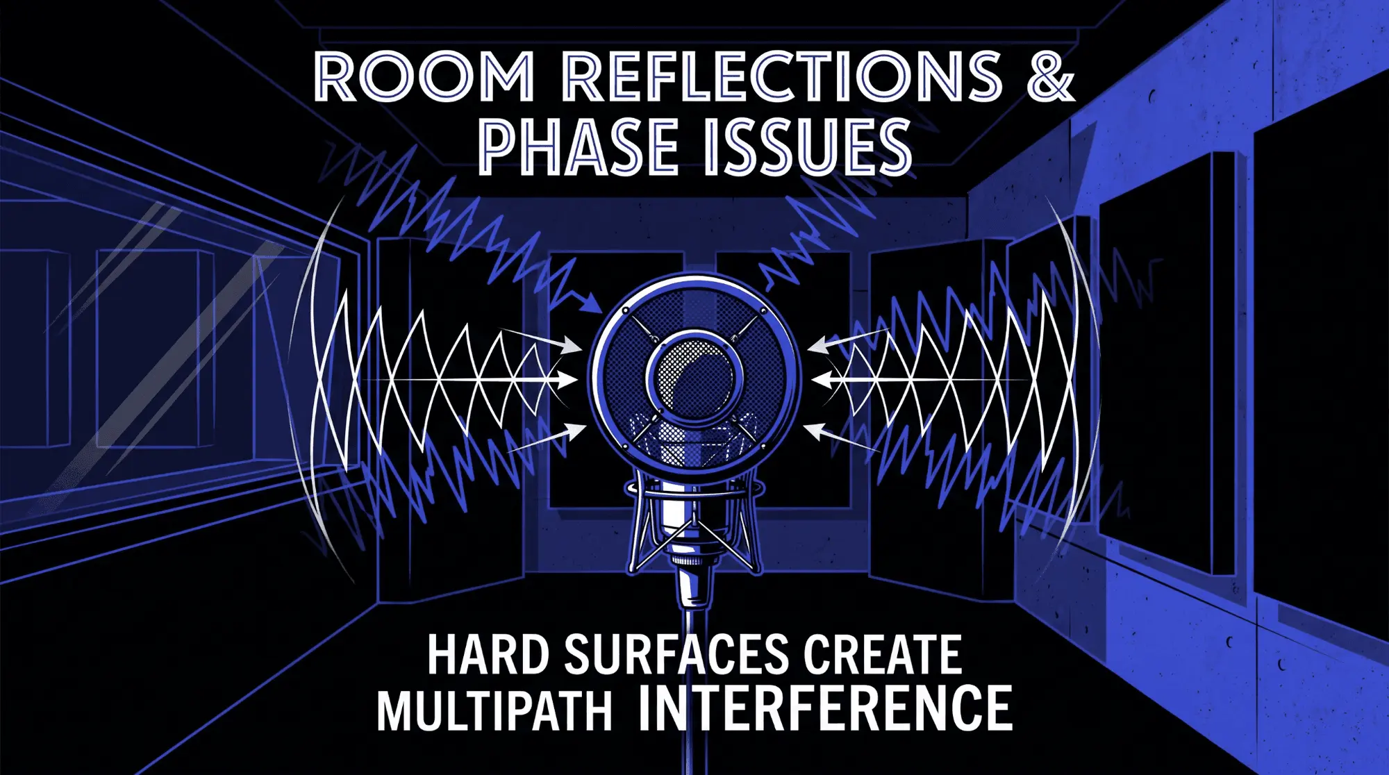 Infographic showing room reflections around a microphone, explaining how hard surfaces create multipath interference and phase cancellation problems during recording.