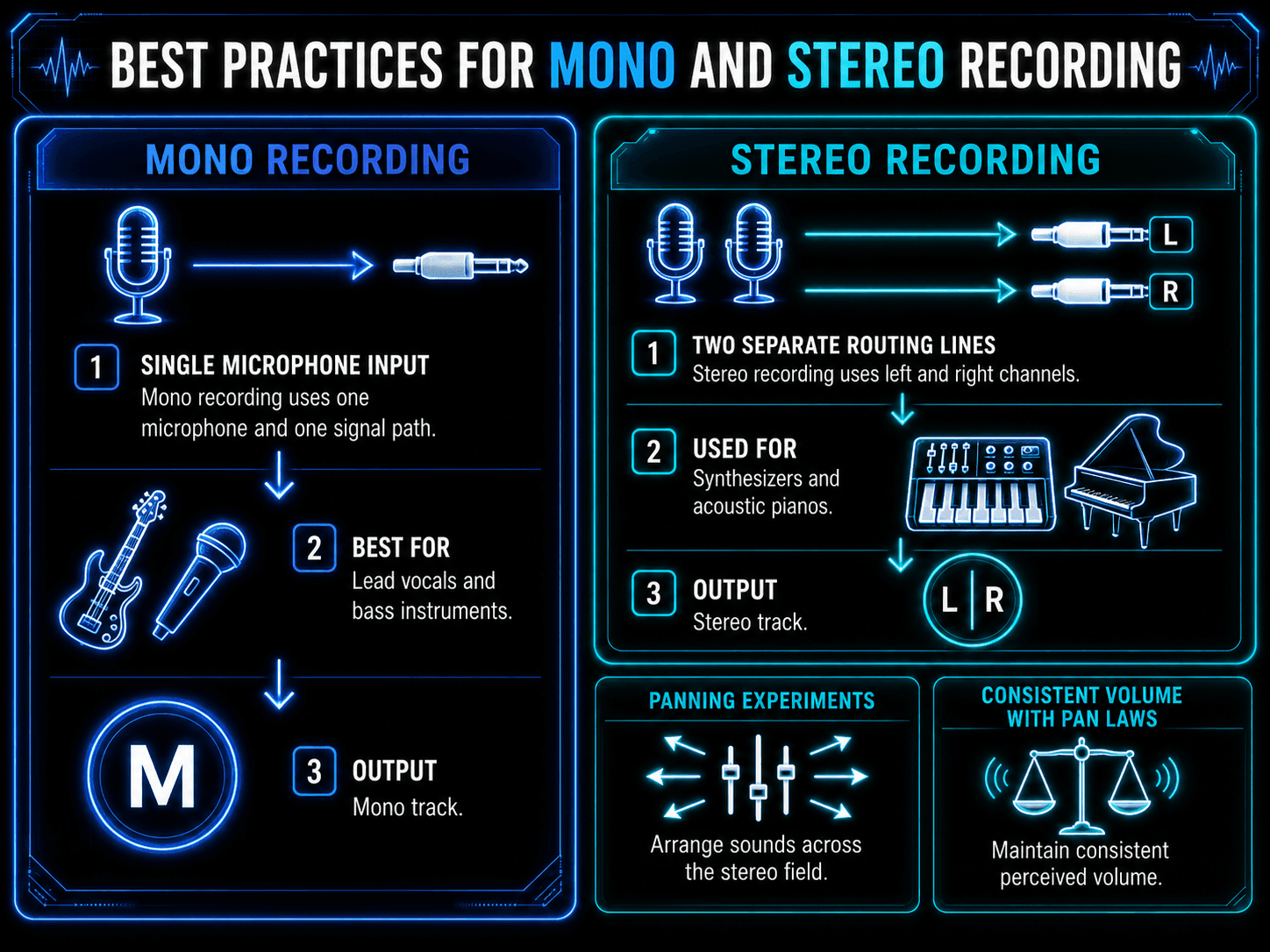 Infographic outlining mono and stereo recording workflows, including single microphone input, dual routing lines, common source types, stereo output, panning experiments, and pan law consistency.