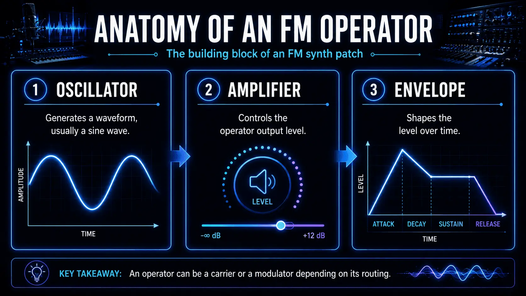 Anatomy of an FM operator showing its oscillator, output amplifier, and ADSR envelope.