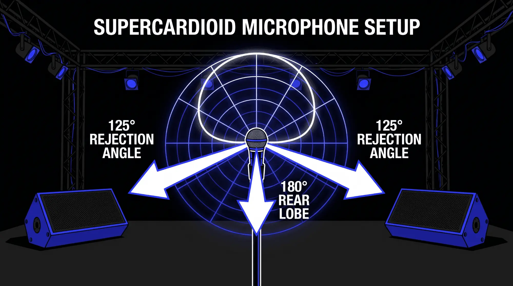 Stage setup infographic showing a supercardioid microphone polar pattern with 125-degree rejection angles, rear lobe, and monitor placement