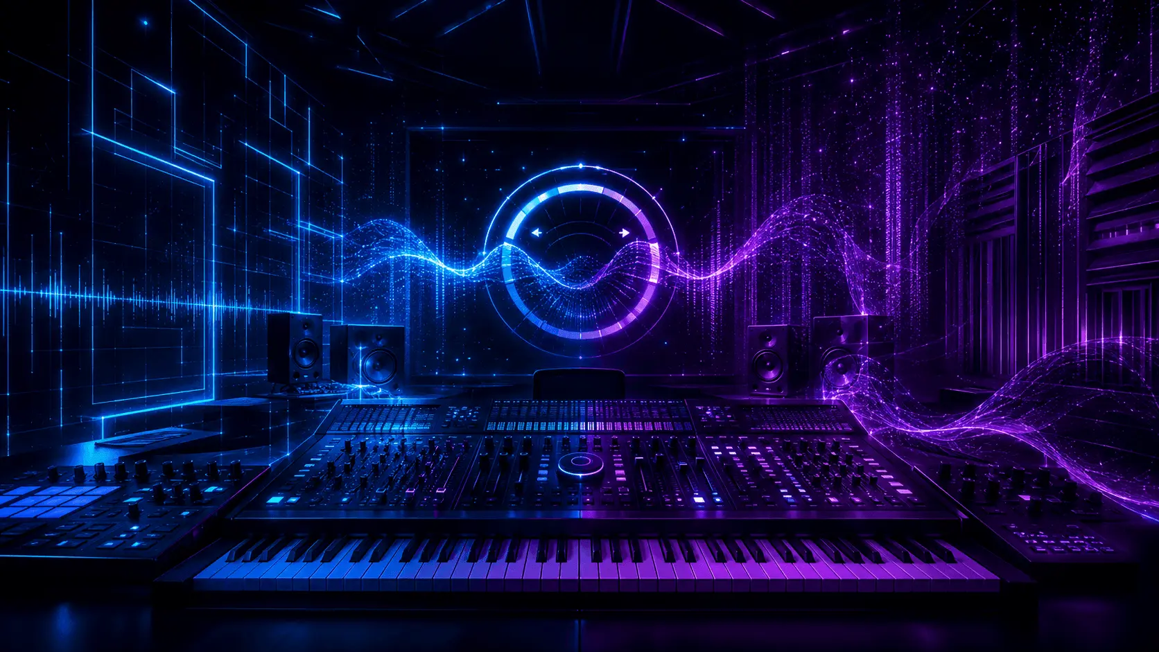 Neon recording studio with a mixing console, speakers, and cyan-to-violet sound waves.