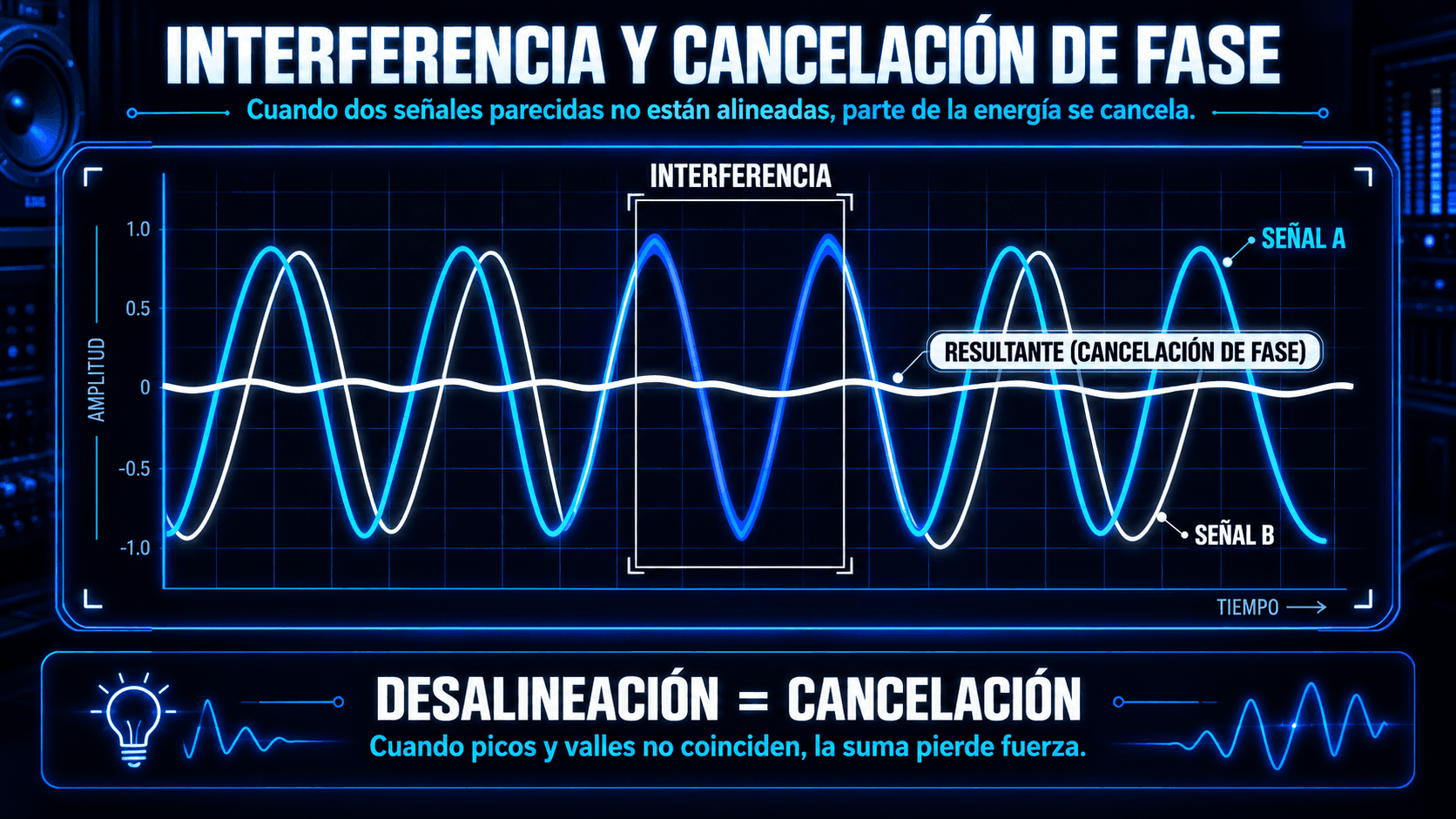 Infografía mostrando dos señales de audio desalineadas combinándose en una forma de onda resultante reducida, ilustrando cómo la interferencia de fase causa cancelación.