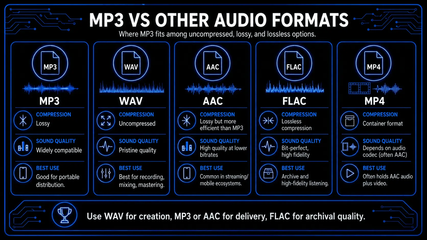 Comparison of MP3, WAV, AAC, FLAC, and MP4 by compression type, sound quality, and best use