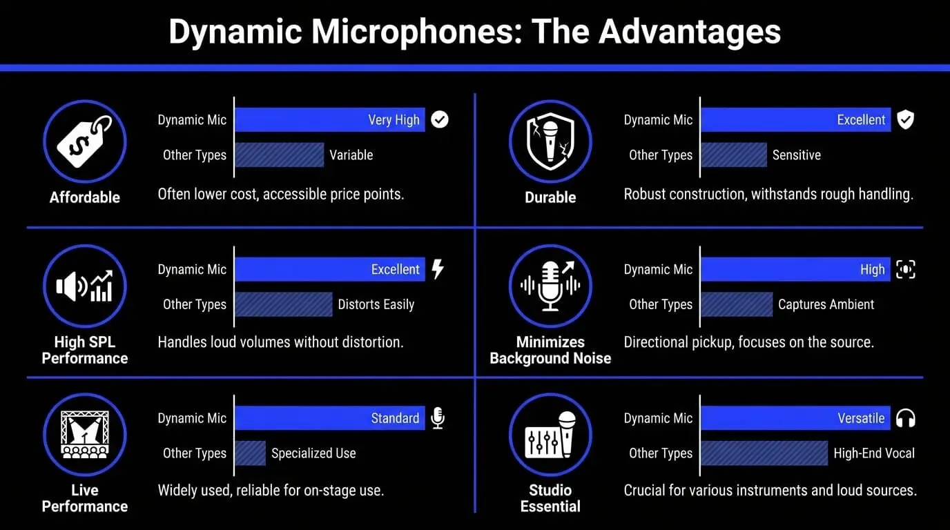Infographic showing the main advantages of dynamic microphones, including affordability, durability, high SPL handling, background noise reduction, live performance use, and studio versatility