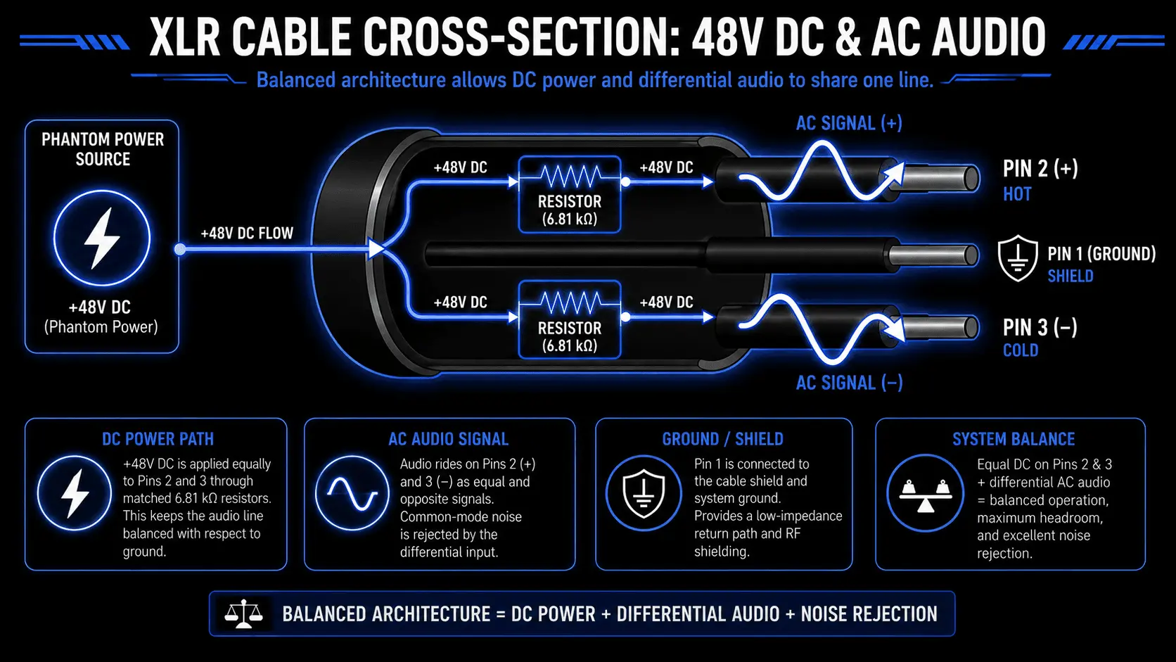 Cross-section diagram of an XLR cable showing 48V phantom power flow, balanced AC audio signals, ground pin, and system symmetry.