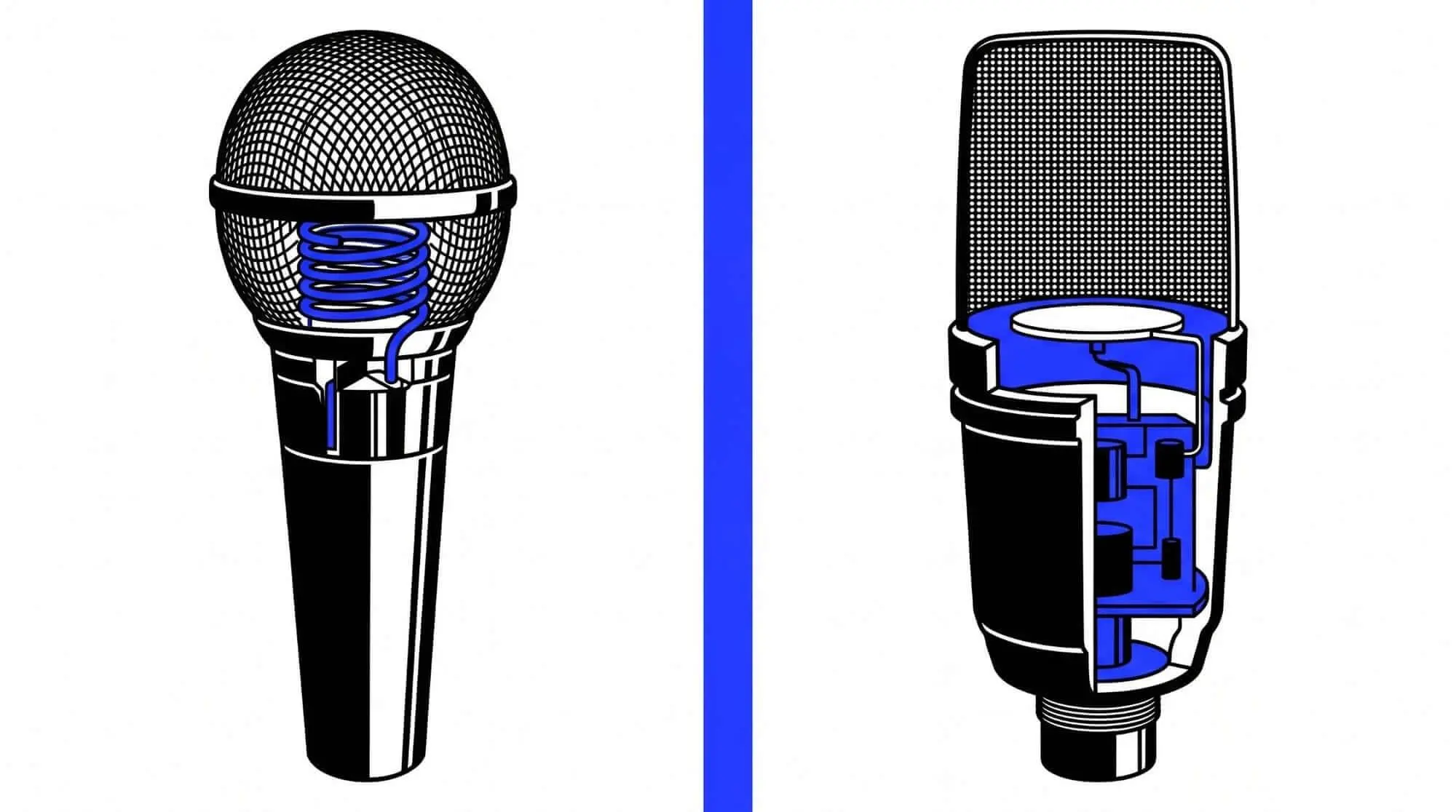 Illustration comparing a handheld dynamic microphone and a studio condenser microphone with cutaway internal components shown in blue