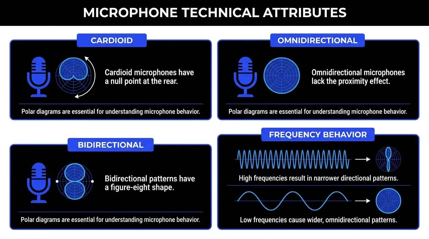 Infographic explaining microphone technical attributes, including cardioid, omnidirectional, bidirectional, and frequency-dependent polar behavior.