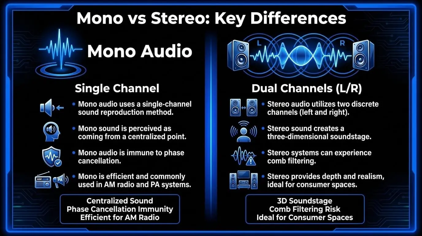 Infographic comparing mono audio and stereo audio, including channel count, soundstage, phase risks, AM radio use, and consumer playback.
