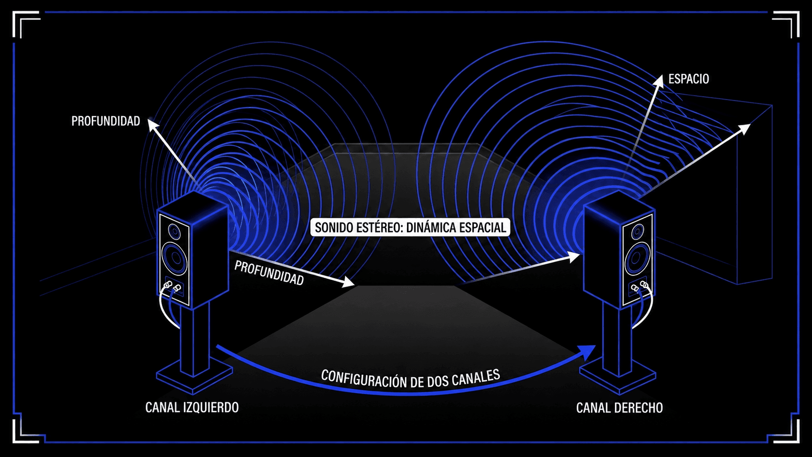 Diagrama del sonido estéreo con canales izquierdo y derecho, profundidad, espacio y dinámica espacial.