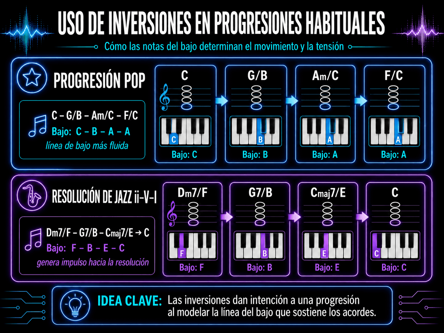 Progresiones de acordes pop y jazz usando acordes con barras para demostrar cómo las notas de bajo invertidas influyen en el movimiento, tensión y resolución.