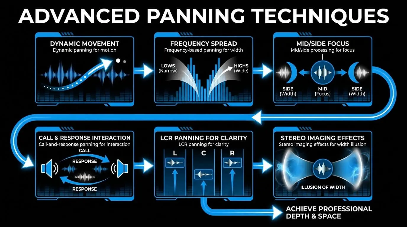 Infographic showing advanced panning techniques, including dynamic movement, frequency spread, mid-side focus, LCR panning, and stereo imaging.
