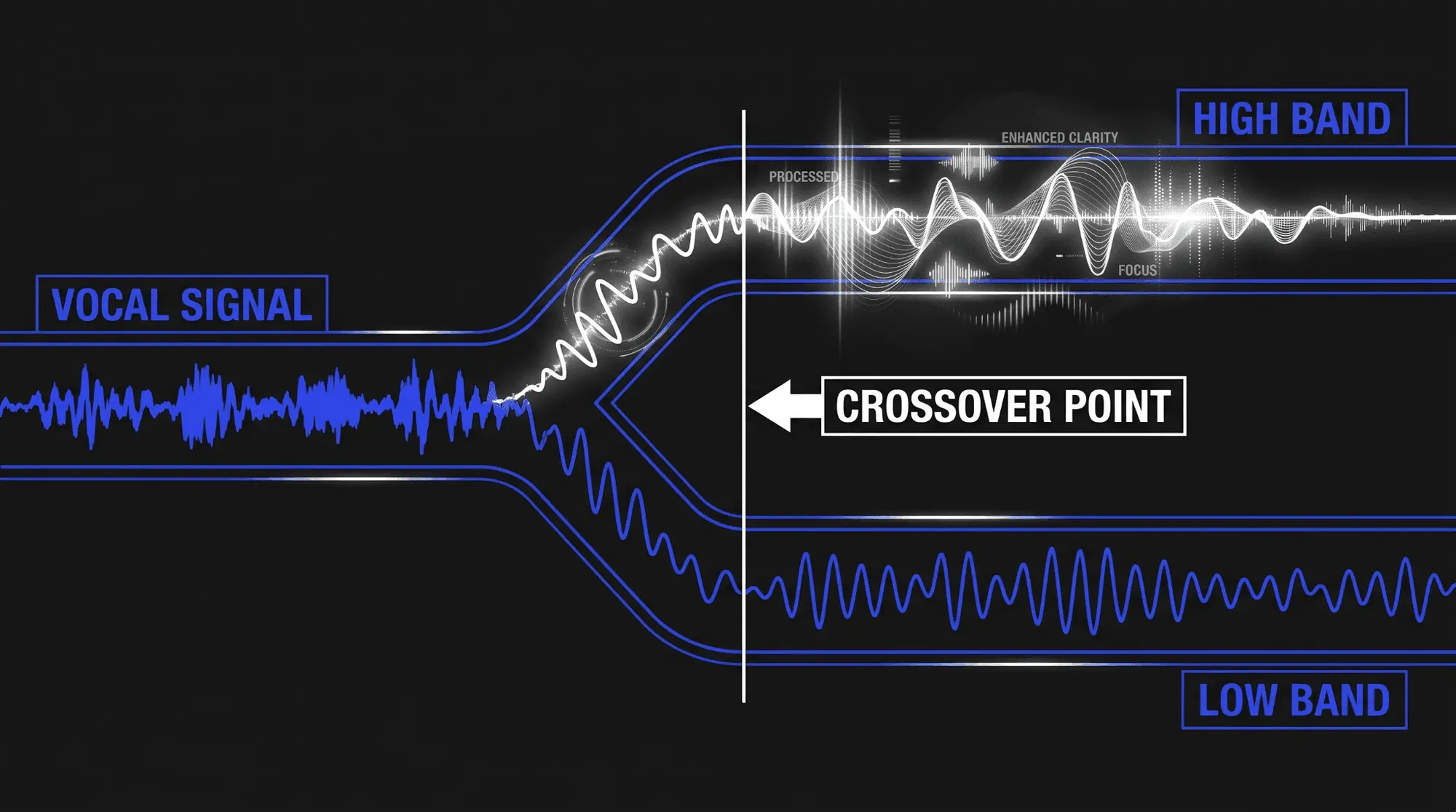 Infographic showing split-band de-essing with a vocal signal divided at a crossover point into high band and low band processing paths for targeted sibilance reduction