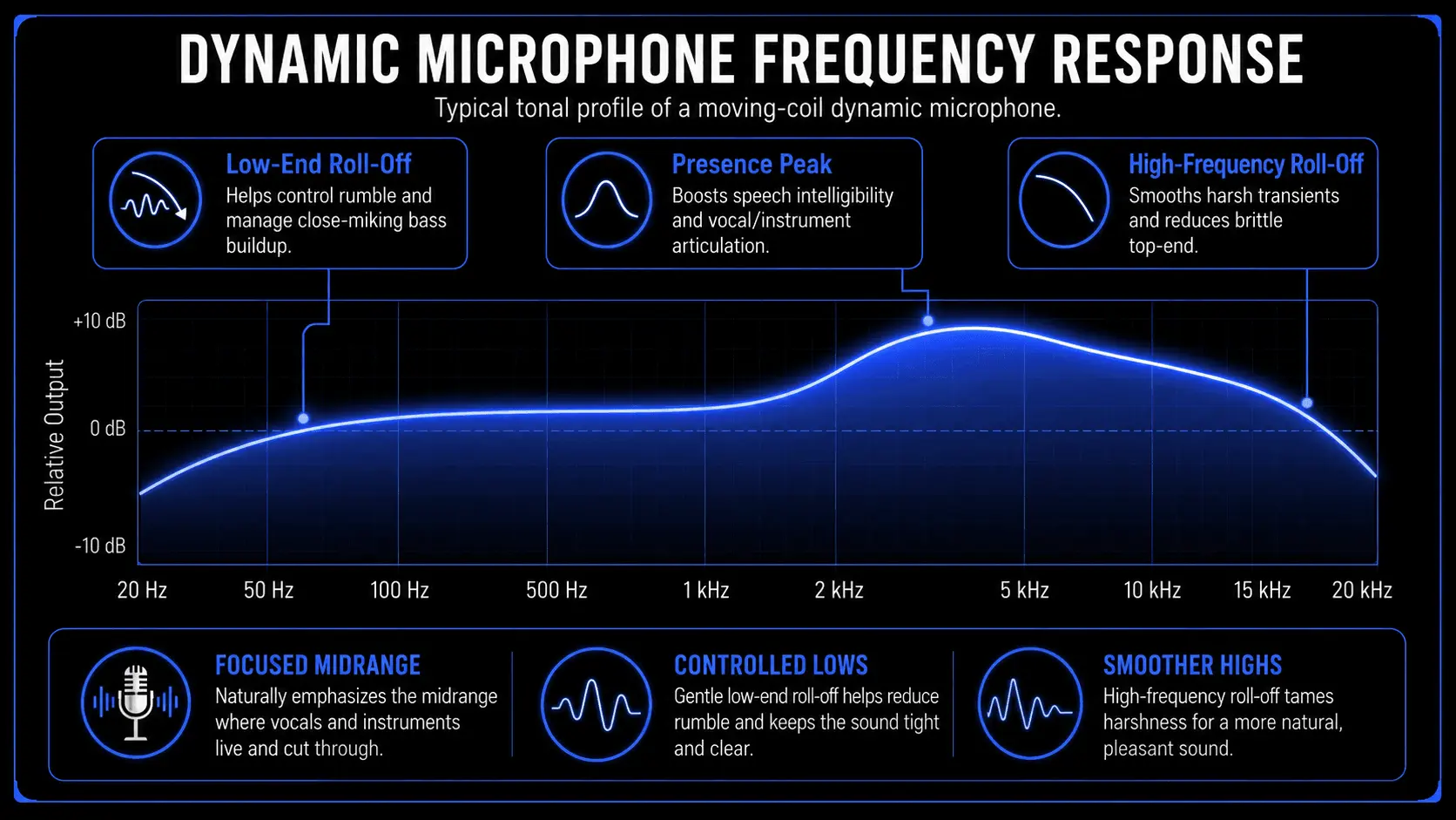 Infographic showing a typical dynamic microphone frequency response curve with low-end roll-off, presence peak, high-frequency roll-off, focused midrange, controlled lows, and smoother highs