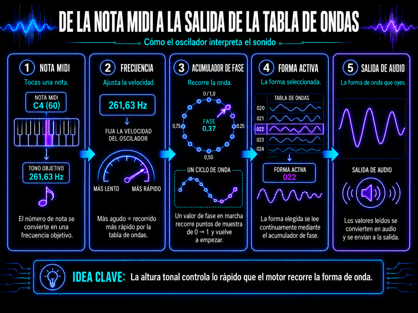 Proceso de cinco pasos mostrando una nota MIDI convertida en frecuencia, movimiento de fase, un marco activo de tabla de ondas y salida de audio.