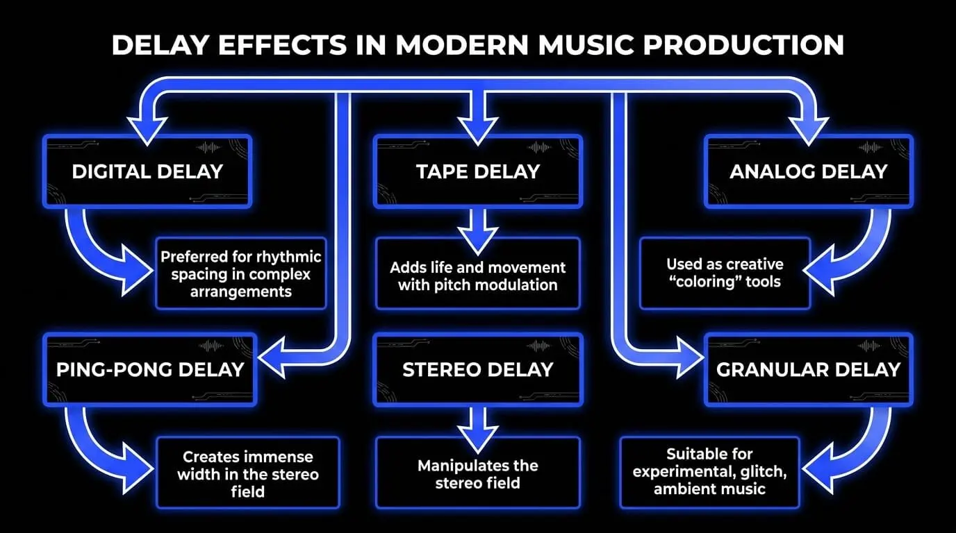 Infographic showing delay effects in modern music production, including digital delay, tape delay, analog delay, ping-pong delay, stereo delay, and granular delay with their main creative uses.