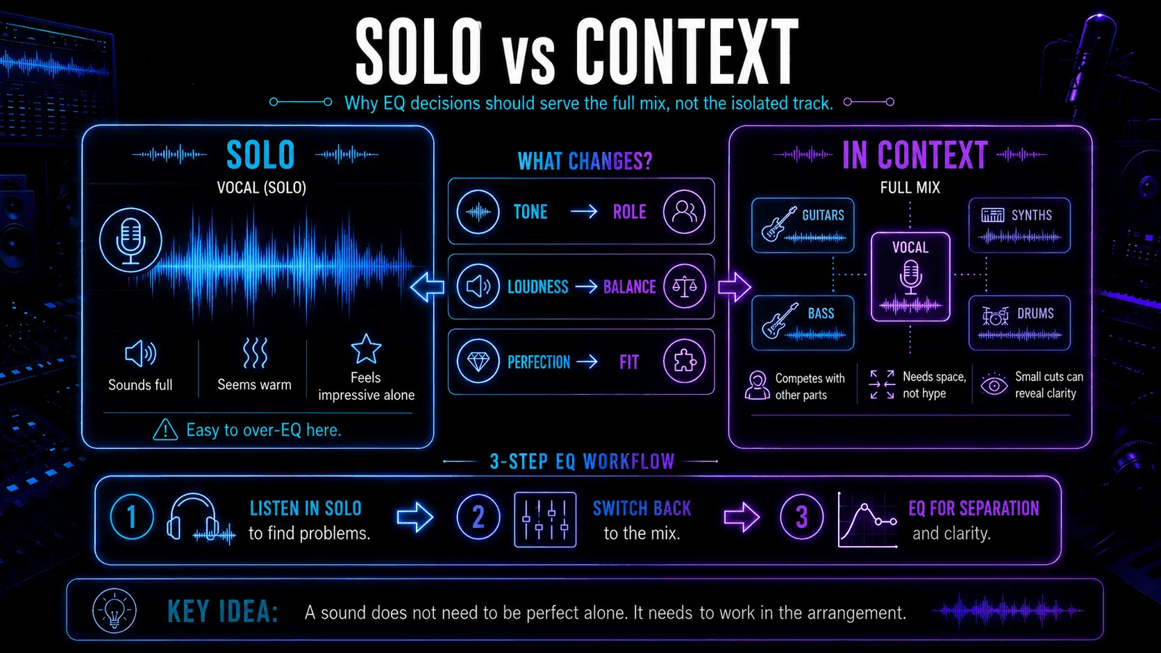 Infographic comparing a solo vocal with the same vocal in a full mix alongside guitars, bass, synths, and drums.