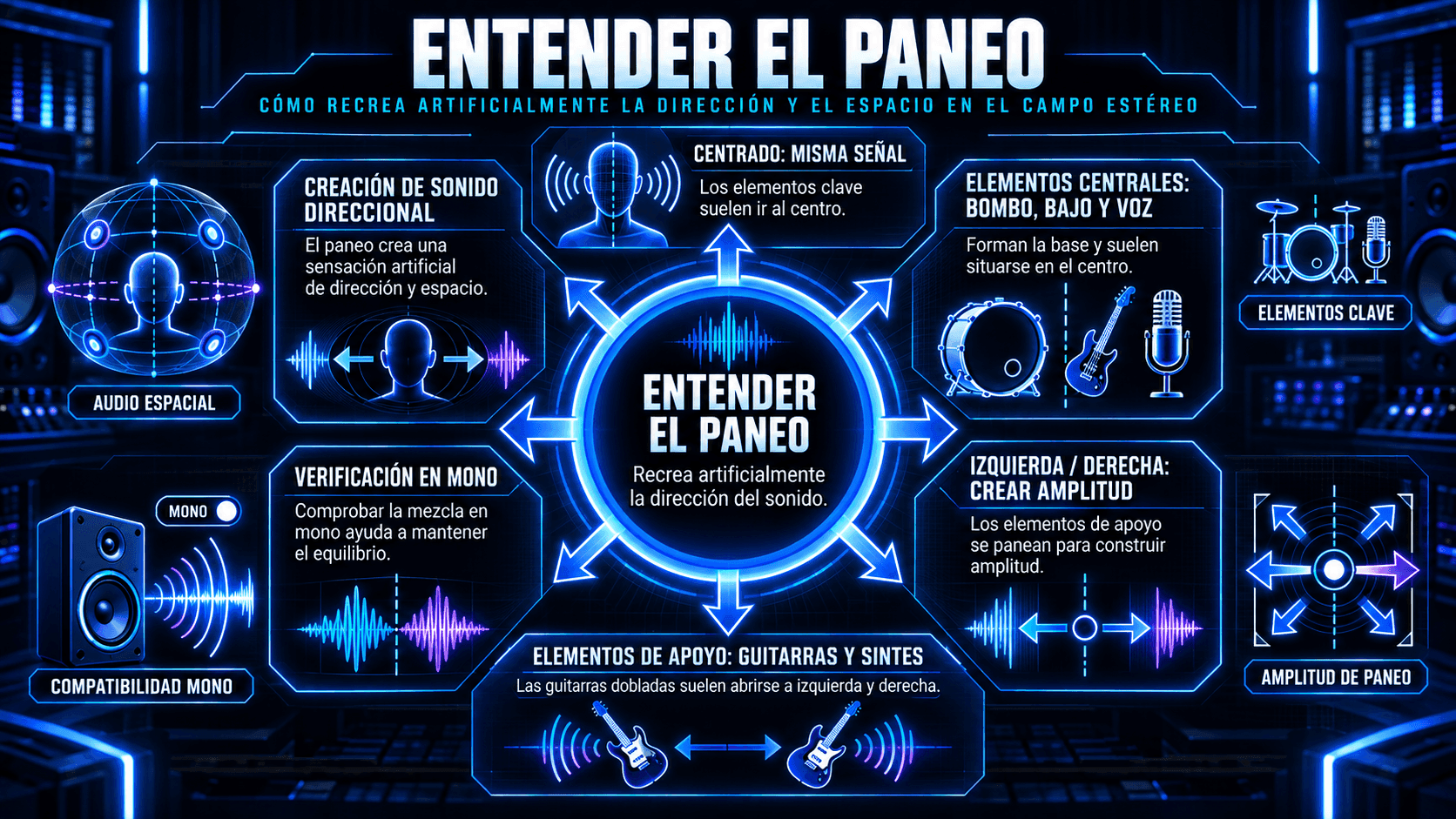 Infografía explicando el paneo de audio con elementos centrales centrados, amplitud izquierda-derecha, sonido direccional, paneo duro y verificaciones mono.