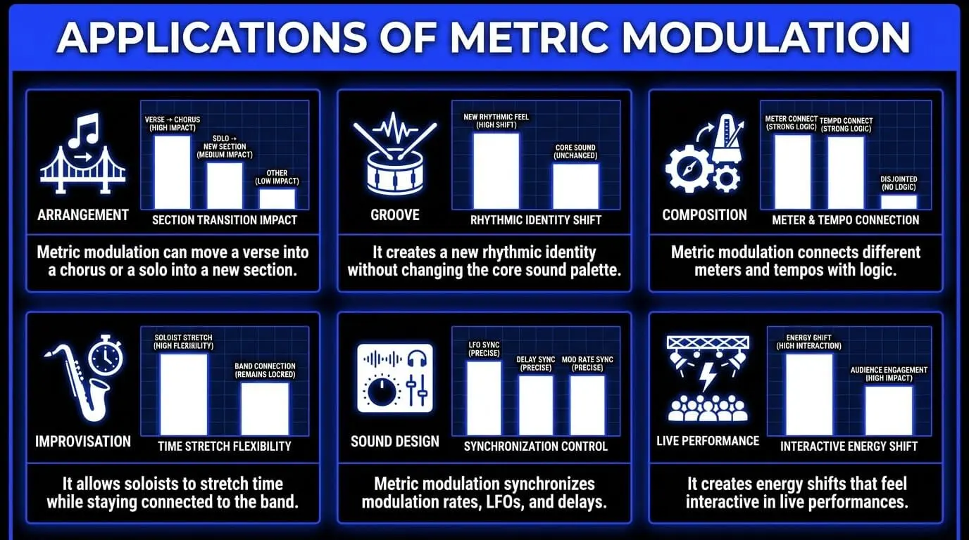 Infographic showing applications of metric modulation in music production, including arrangement transitions, groove shifts, composition, improvisation, sound design, and live performance.