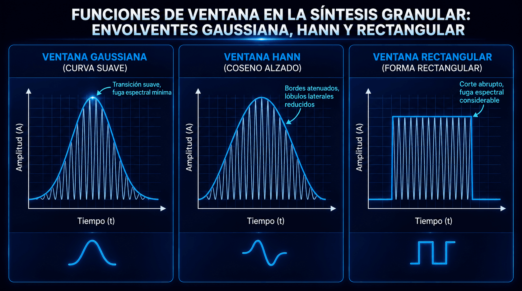 Comparación de funciones de ventana Gaussiana, Hann y rectangular utilizadas para dar forma a granos en síntesis granular.