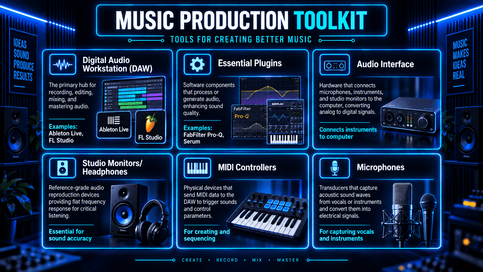 Infographic showing key music production tools including DAW, plugins, audio interface, studio monitors, MIDI controllers, and microphones.