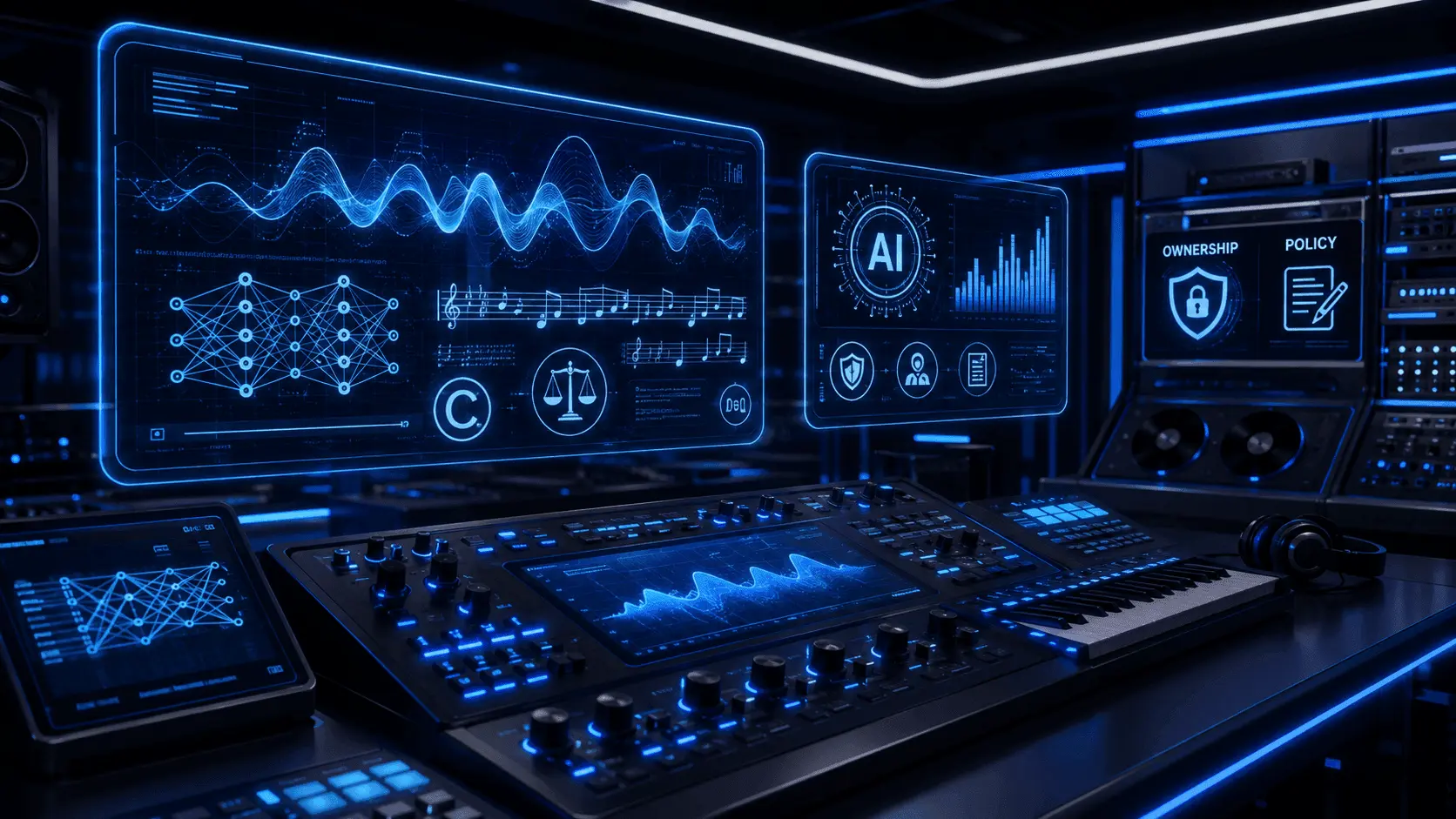 Futuristic AI music lab with screens showing neural networks, sheet music, waveform synthesis, and archived recordings, representing training data and AI music generation.