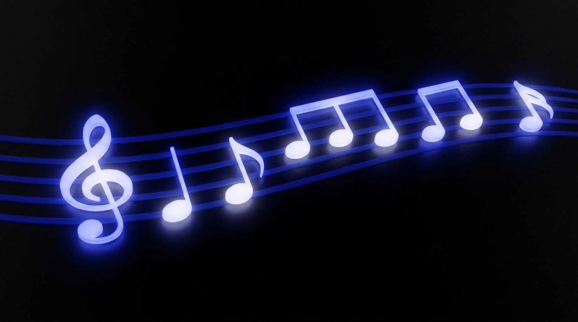 Glowing musical notes and treble clef arranged along a curved staff on a dark background.