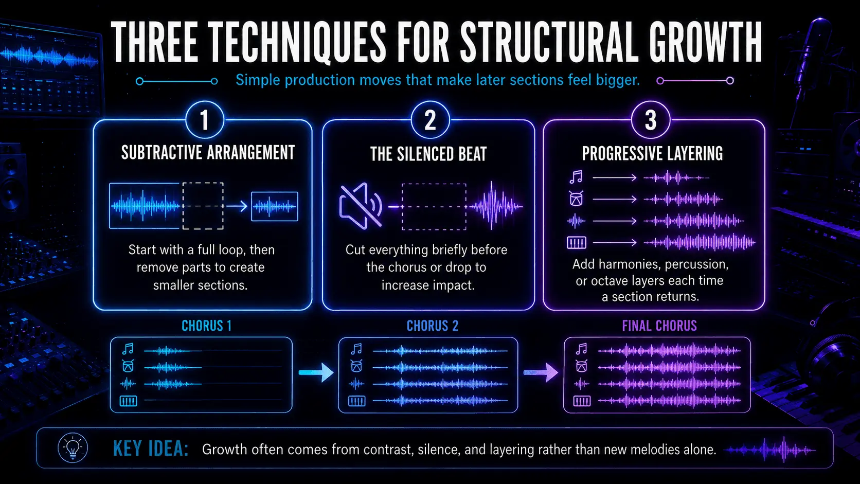 Infographic explaining subtractive arrangement, the silenced beat, and progressive layering across multiple choruses.