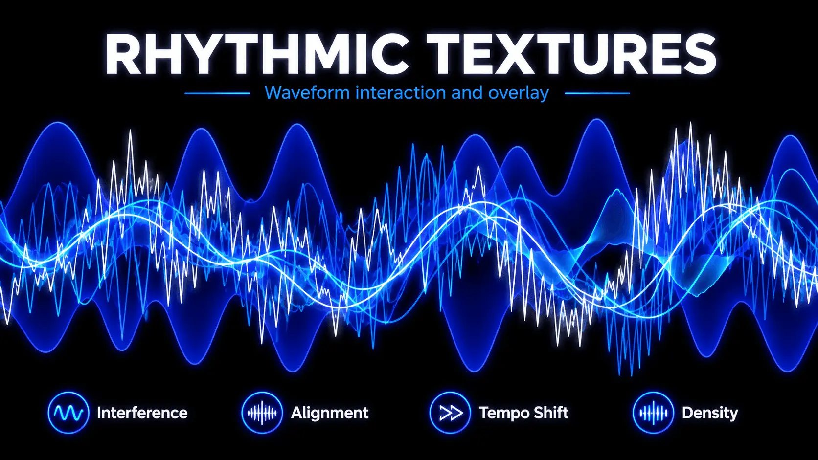 Layered blue and white waveforms illustrating polyrhythmic interference, synchronization, tempo shifts, and rhythmic density.